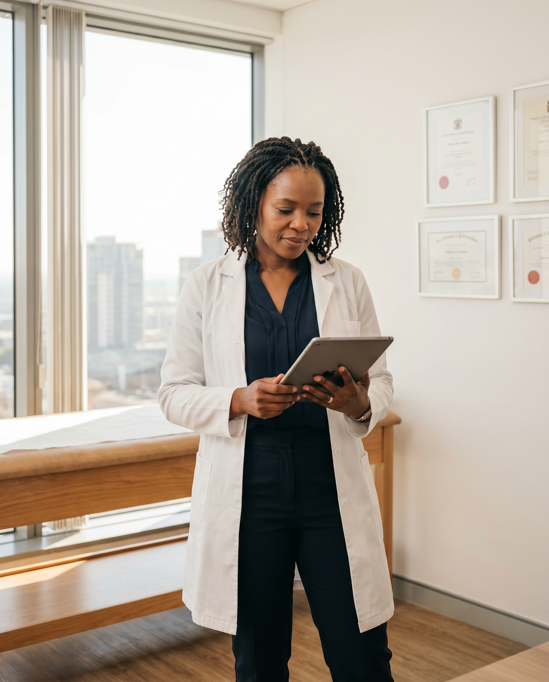 A South African medical practitioner in a white coat reviewing patient data on a tablet, with framed certificates on the consulting-room wall
